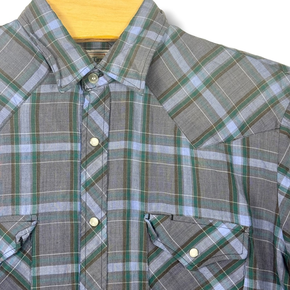 Vintage Open Trails Western Shirt Men Large Blue Grey Plaid Pearl Snap Button Up